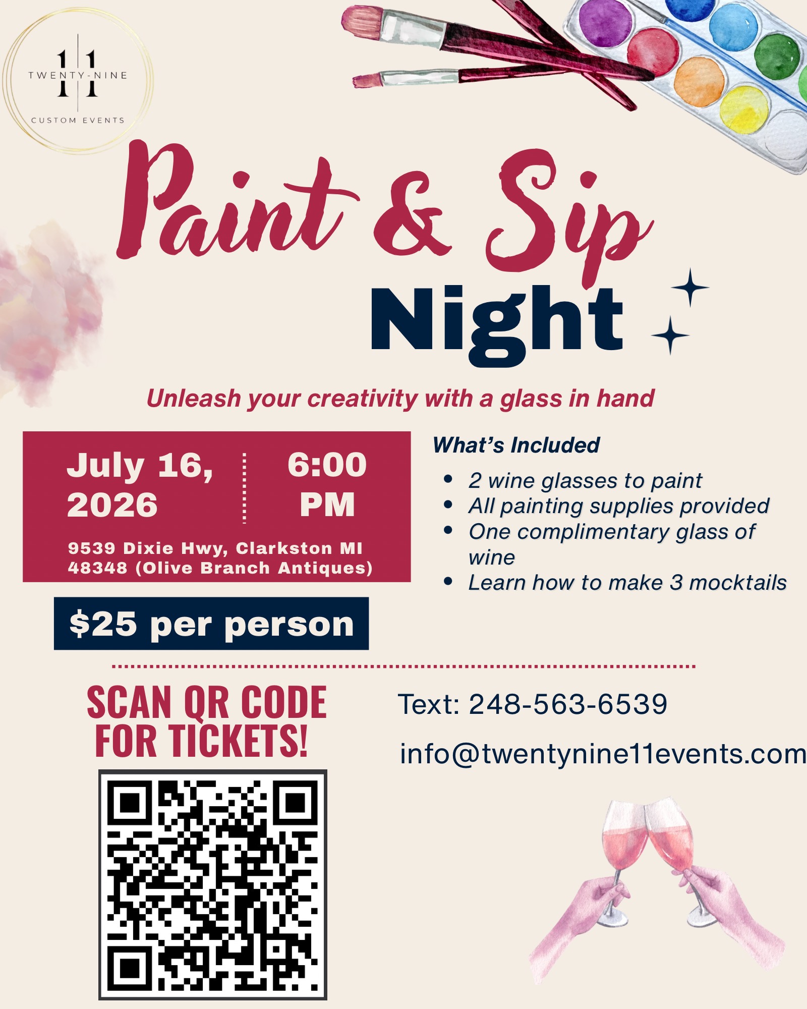 Paint & Sip Night, July 16 @ 6:00 PM
